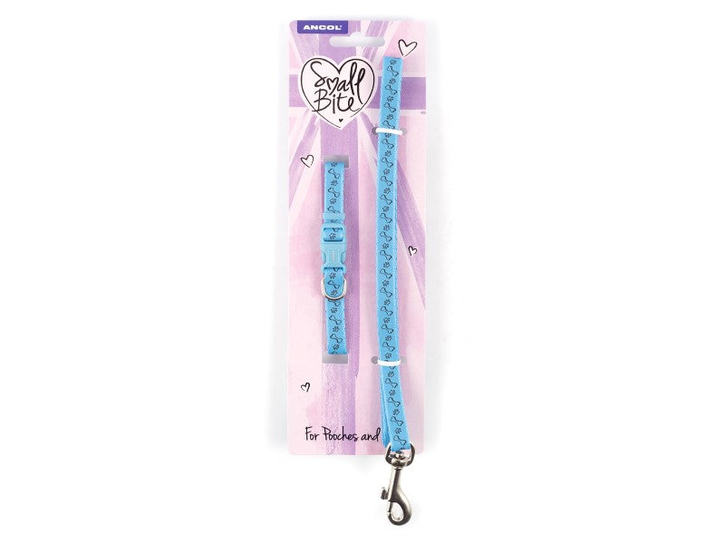 SML BITE PAW&BONE PUPPY COLLAR&LEAD BLUE