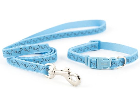 SML BITE PAW&BONE PUPPY COLLAR&LEAD BLUE